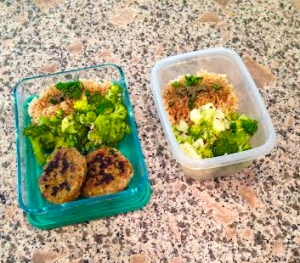 Meal prep: broccoli, brown rice with green onions and pepper, ground turkey patties made with organic ground turkey, green onion, spinach, yellow onion, red pepper flakes, and oregano. 